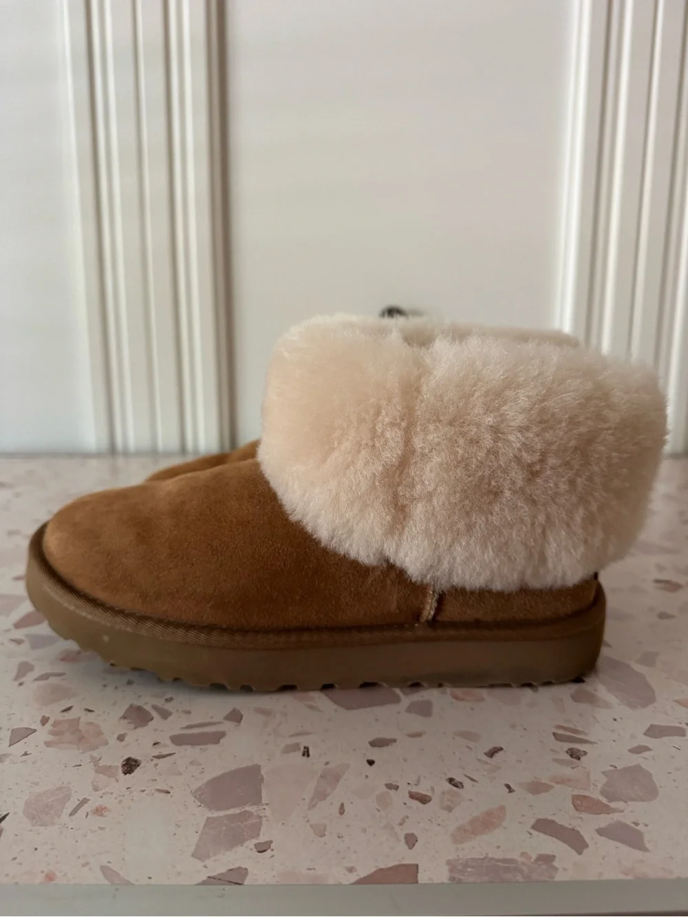 UGG Chestnut Suede Shearling Cuff Booties with Cream Collar